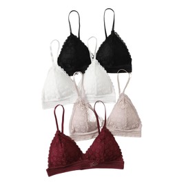 COZYEASE Women's 4 Pcs Floral Lace Adjustable Straps Bralettes Solid Breathable Bra Set Multicolor M