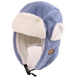 Clobeau Kids Boy Girl Winter Trapper Hat Faux Fur Ushanka Earflap Winter Trooper Cap Earflaps Hat Ski Snowboarding Hat Blue