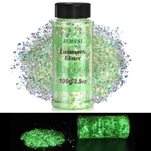 JEMESI Luminous Sequins, Green 100 g Opal Chunky Glitter, Glitter Sequin Nail Glitter Sequin Make Up Glitter Iridescent Chunky Glitter Sequins for Face Nails Eyes Hair Body