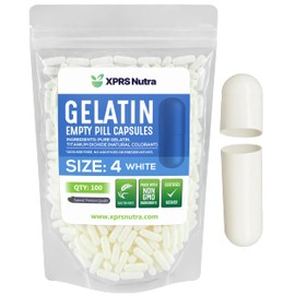 XPRS Nutra Size 4 Empty Capsules - 100 Count Small Empty Gelatin Capsules - Pills DIY Capsule Filling - Fillable Pure Bovine Pill Gel Caps for Do-It-Yourself Supplements (White)