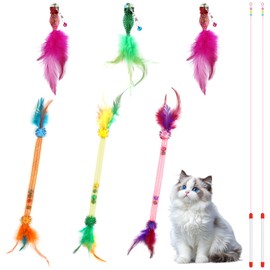 FORETOGO 8-Piece Cat Toy Set, Interactive Cat Toy with Colourful Natural Feathers, Peppermint Balls and Bells, Cat Fishing Toy for Interacting with the Cat, Teething and Cleaning