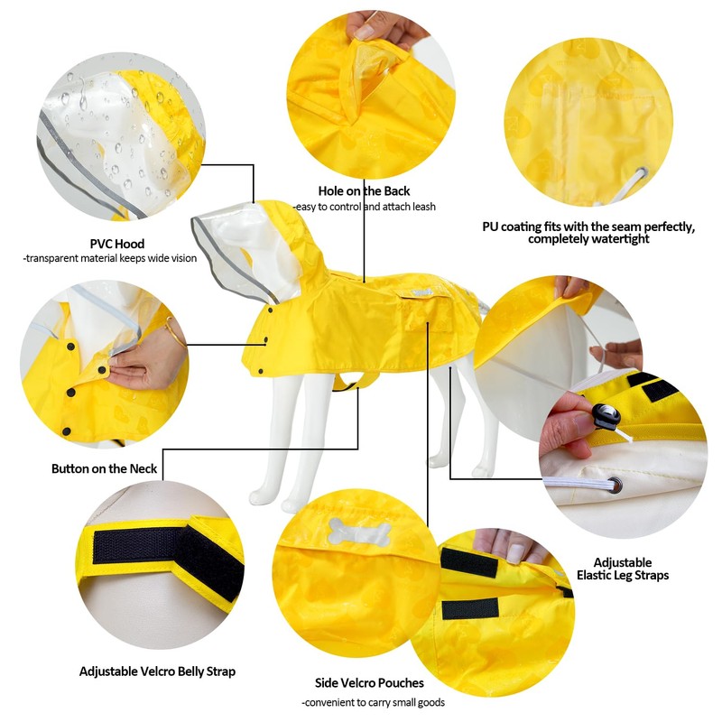 Waterproof Dog Raincoat, Adjustable Reflective Lightweight Pet Rain Clothes with