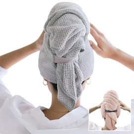 Toalla Microfibra para Secar el Cabello 2 Pack, Toalla Microfibra Cabello, Gorro de Baño Ultra Absorbente de Agua, Secado de Pelo Súper Rápido, Toalla de Cabello Seco con Botones (Gris y Rosa)