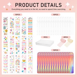 Shejdgart Acrylic Bookmark Making Kits - 60 Pcs Clear Acrylic Bookmark Blanks Set with Mental Health Flower Motivational Theme UV DTF Wrap Stickers, 15 Pcs Ribbons, DIY Crafts Book Lover Gifts