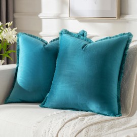 FUTEI Teal Velvet Decorative Throw Pillow Covers 22x22 Set of 2,Soft Cozy Edge with Tassels Cushion Case,Boho Modern Home Decor for Couch Bed Living Room