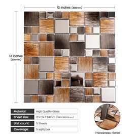 Adedeo Glass Mosaic Tile Brown and Silver 12 x 12 Inch for Kitchen Backsplash Bathroom Wall (5-Pack, 5 sq.ft.)