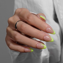 KQueenest Neon Green French Tip Press On Nails Short Almond, 30 Pcs Acrylic Press On Nails With Glue, Glossy Soft Gel Short Fake Nails Press ons, Reusable Natural Nude Glue on Nails for Women Summer