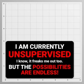 I Am Currently Unsupervised Vinyl Decal Sticker For Cars Trucks Windows Bumpers Walls Laptops Cups Etc - Peel And Stick Weatherproof Indoor Outdoor Full Color Printed Laminated Vinyl - 5.5 Inches At Largest Point - KCD3487