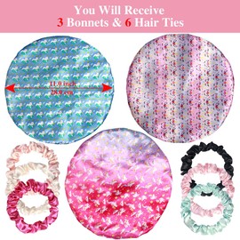 3pcs Satin Bonnets for Kids Sleeping, Cute Hair Bonnet with Scrunchies for Girls Curly Hair, E