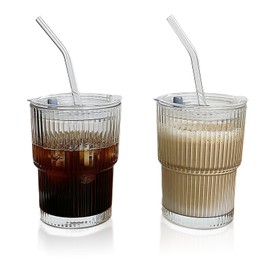 RISAKOGO Drinking Cup with Lid and Straw, Pack of 2 400 ml Cups with Lid and Straw, Airtight Waterproof Drinking Cup, Coffee Glasses, Smoothie Cup for Milk, Juice, Latte, Tea, Ice Cream