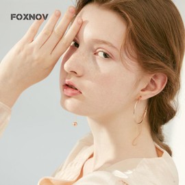 FOXNOV 14K Gold Plated Rose Gold Hoop Earrings with Chain Drop Ball Pendant, Sterling Silver Post Lightweight Hypoallergenic Earrings for Women, Gift packaging