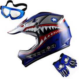 1Storm Youth Motocross Helmet Kids Motorcycle Bike Helmet Shark Blue + Goggles + MG Youth Blue Glove Bundle