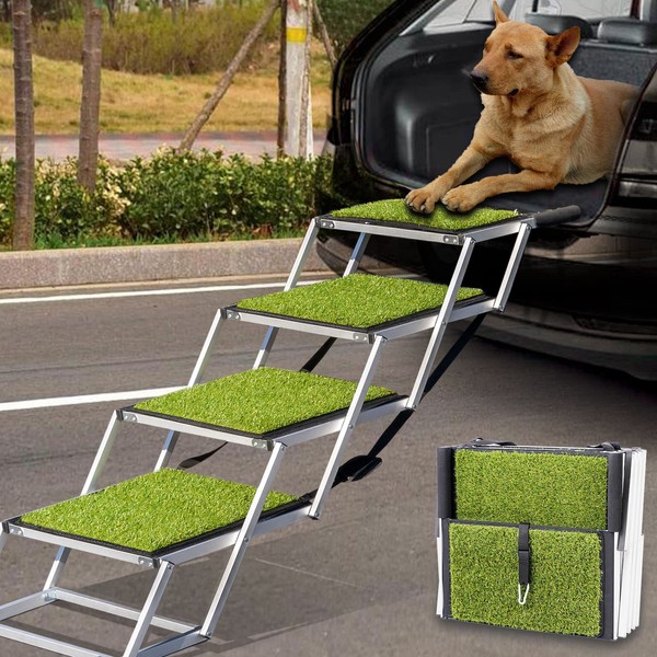 Extra Wide Dog Ramps for Large Dogs, Upgraded Dog Car Stairs with Artificial Grass, Lightweight Dog Car Steps, Foldable Pet Ramps for Cars, SUV, High Beds and Trucks, Supports Large Dogs up to 250 lbs