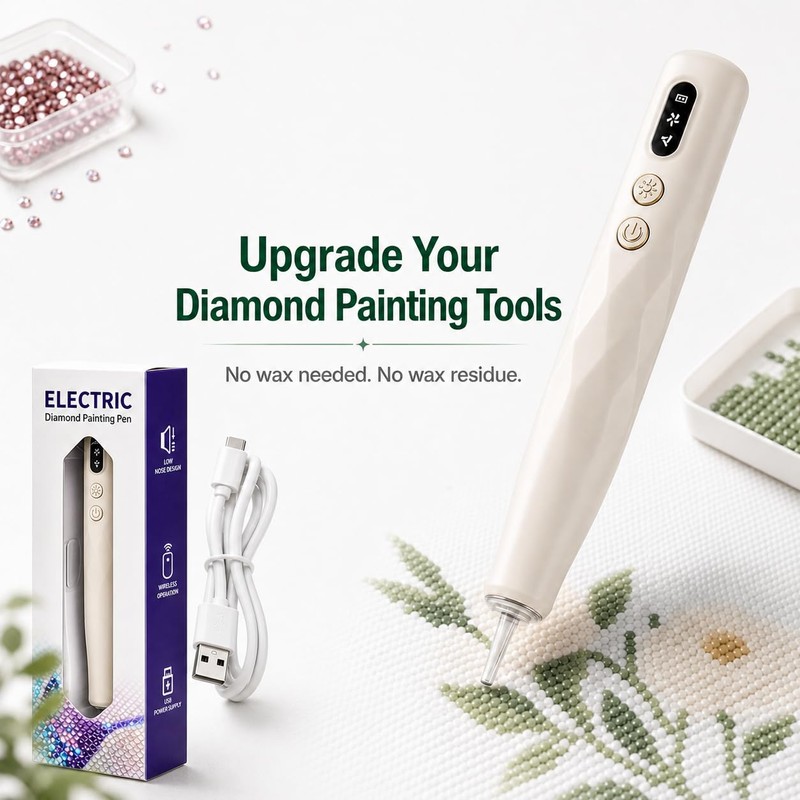 Electric Diamond Art Pen with Light, Dual-Speed Vacuum Tool (Beige)
