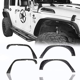 V8 GOD Steel Flat Style Front Fender Flare+ Rear Fender Flares Kit for Jeep Wrangler JK 2007-2018 Unlimited- Textured Black JKU Mud Guard 4-pcs