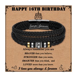 Toplstud 16th Birthday Gifts for Boys - Stainless Steel Leather Bracelets for Boys - 16 Year Old Birthday Presents for Son Grandson Nephew - Layered Bracelets for Teenage Boy