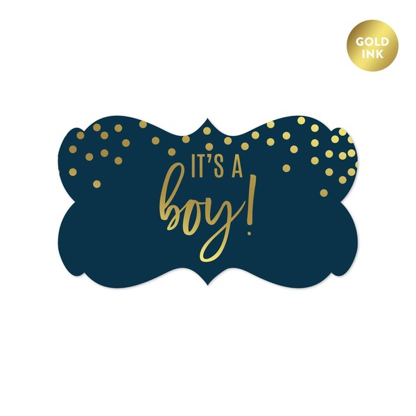Andaz Press Navy Blue and Metallic Gold Confetti Polka Dots Baby Shower Party Collection, Fancy Frame Label Stickers, It's a Boy!, 36-Pack