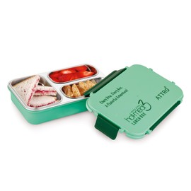 ATTRO Hot-Meal 3 Insulated Lunch Box with 3 Compartment, Inner Stainless Steel & Locking Lid BPA-Free Food Grade Ideal for School, Office - 900ml Green