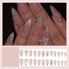 Medium Press on Nails Almond False Nails Glitter French Tip Fake Nails with Butterfly Charm Artificial Nails Pink Glossy Stick on Nails Cute Glue on Nails for Women 24PCS