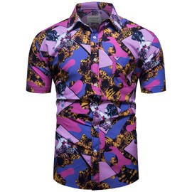 fohemr Mens Luxury Outfit Set Black Gold Shirts and Shorts 2 Piece Tracksuit Set Baroque Button Down Chain Print Suit with Bucket Hats Purple 5X-Large