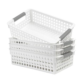 4 Pack Small Plastic Storage Baskets for Organizing, Stackable Bins with Handles for Shelves, Multipurpose Drawer Trays (White)