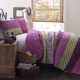 Lush Decor Royal Empire Reversible Cotton Quilt Set, 3 Piece Set Full/ Queen, Plum - Striped Bedding Set - Floral Quilt Queen Size - Purple Bedding - Boho Decor