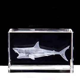 3D Shark Paperweight(Laser Etched) in Crystal Glass Cube Birthday/Christmas Gifts(No Included LED Base)(3.1x2x2 Inch)