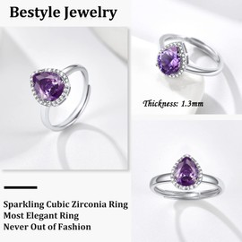 Bestyle 925 Sterling Silver Teardrop Crytsal Cubic Zirconia Rings | Classic Silver February Amethyst Crystal Birthstone Rings for Women, Great Birthday Gift for Daughter/Wife/Mom/Grandma