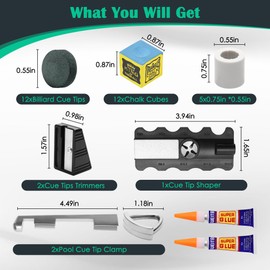 Zhaoyao 36Pcs Pool Cue Tips Replacement Kit: 2 Pool Cue Tip Clamp 12 Billiard Cue Tips 1Shaper 12Chalk Cubes 5 Pool Cue Repairers 2 Planers 2 Glue for Replacement and Shaping