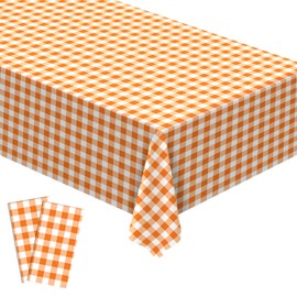 Buxiuer Orange and White Checkered Tablecloth Plastic Fall Thanksgiving Decoration Buffalo Check Plaid Disposable Table Cloth Dining Room Kitchen Decor 54 x108 Inch -Pack of 2 (Orange and White)