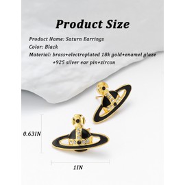 Colorful Saturn Earrings Aesthetic Cubic Zircon Silver, Western Queen Mother Saturn vintage design earrings, Saturn Stud Earring Jewelry for Women Gift Black