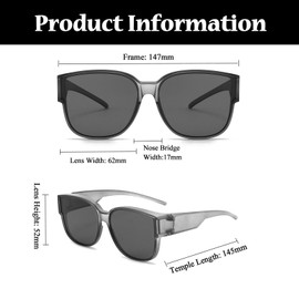 LJCZKA Polarised Sunglasses for Men and Women, Over Glasses for Glasses Wearers, Polarised Large Glasses with UV400 Protection, Clear grey / grey