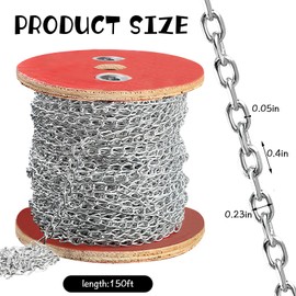 AIHSUMC 150ft Jack Chain, Galvanized Steel Link Chain with Spool Strong Heavy Coil Chain Hanging Chain Metal Light Fixture Chain for Feeders, Overhead Lights, Flowerpots, Pet Towing,1.4mm