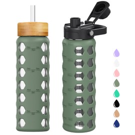 MUKOKO Glass Water Bottles, 24oz Glass Tumbler with Straw, Drinking Bottles with 2 Lids-Handle Spout Lid&Bamboo Straw Lid, Motivational Water Bottle with Time Marker and Silicone Sleeve, 1 Pack-Olive