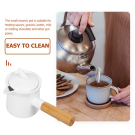 BESTonZON Ceramic Milk Warmer Pot 350ml Enamel Pan Non-stick Saucepan With Lid Porcelain Coffee Pot Food Bowl Butter Warmer With Wooden Handle for Heating Liquid Appetizer