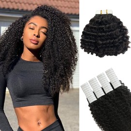 Curly Hair Extensions, OiMiGO Kinky Curly Tape in Extensions 40pcs 100 Grams Natural Black Brazilian Human Hair Tape in Extension for Black Women 3C 4A 20 Inch Curly Tape Remy Hair