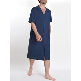 Latuza Men's Bamboo Viscose Nightshirt Button Down Sleep Shirt, Deep Blue, X-Large