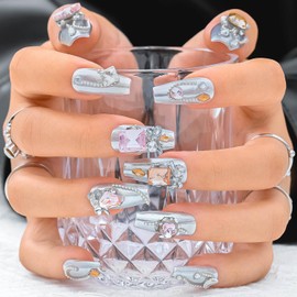 Sethexy Medium Coffin Silver Handmade Press On Nails 3D Rhinestone Fake Nail Metallic Chain Luxury Stick On Nails Acrylic Glossy False Nails for Women and Girls 10PCS (6)
