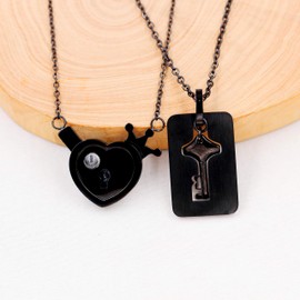 Stainless Love Heart Crown Lock and Key Pendant Necklace Set, 100 Languages I Love You Couples Projection Jewelry (Black in Projection)