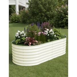 GarveeLife Galvanized Raised Garden Bed Outdoor, 6x3x2 ft Oval Metal Planter Box for Flowers, Vegetables, Herbs- Beige