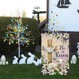 Wodison He Is Risen Easter Garden Flag 12x18 Inch Double Sided Outside, Small Faith Lamb Lily Flowers Cross Flag Yard Outdoor Decoration