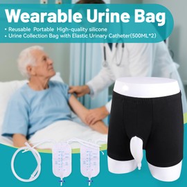 Wearable Urine Bag Incontinence Pants for Men, Reusable Portable Urine Collection Bag with Urinary Catheter, Leak Proof Leg Pee Bag with Elastic Waistband for Men Elderly Bedridden, Black (XL)