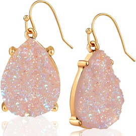 Pink Teardrop Earrings for Women - Light Pink Earrings for Women Dangling, Boho Dangly Simple Tear Drop Dangles, Blush Simulated Druzy Stone, Simulated Rose Quartz Drops for Bridal Bridesmaids