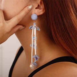 Aimimier Boho Flower Beaded Long Strips Drop Earrings Cute Sweet Tassel Dangle Earrings Bridal Wedding Prom Statement Earrings Jewelry for Women, 6in, Metal, crystal
