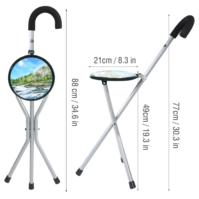 Iron Portable Folding Walking Stick Seat Tripod Travel Chair Stool