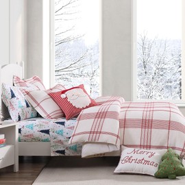 Levtex Home - Peppermint Plaid Christmas Duvet Cover Set - Twin Holiday Duvet Cover 68x88 and Two Standard Pillow Cases 20x26 - Red, Cream - Waffle Plaid - Cotton