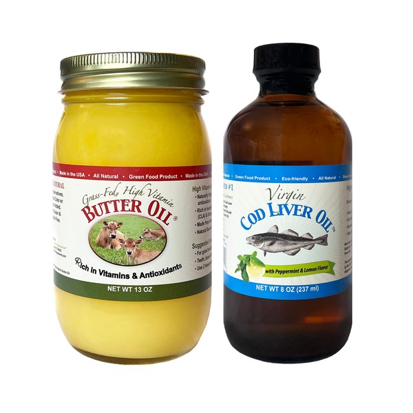 High Vitamin Butter Oil, (13 Oz) & Virgin Cod Liver Oil (8 Oz; Mild Lemon & peppermint Flavor)