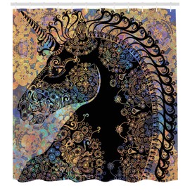 ABAKUHAUS Unicorn Shower Curtain, Fairytale Horse Profile Circular Mandala Flower Boho Motif Artwork, Cloth Fabric Bathroom Decor Set with Hooks, 78 Inches, Multicolor