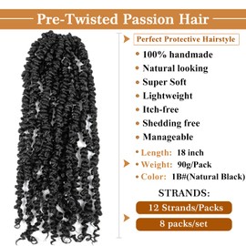 Passion Twist Hair Pre-Twisted Passion Twist Crochet Hair 18 Inch 8 Packs Braiding Hair Crochet Hair YDDM Twist Crotchet Braid Hair Bundle Water Wave Crochet Braiding Hair Extension (18 Inches, 1B#)
