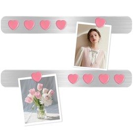 DUJEQM Magnetic Board Strips - 2Pcs Stainless Iron Magnetic Strips with Adhesive Backing & 10 Pink Heart Magnets, Frameless Small Bulletin Board for Wall, DIY Memo Board for Home Kitchen School Office